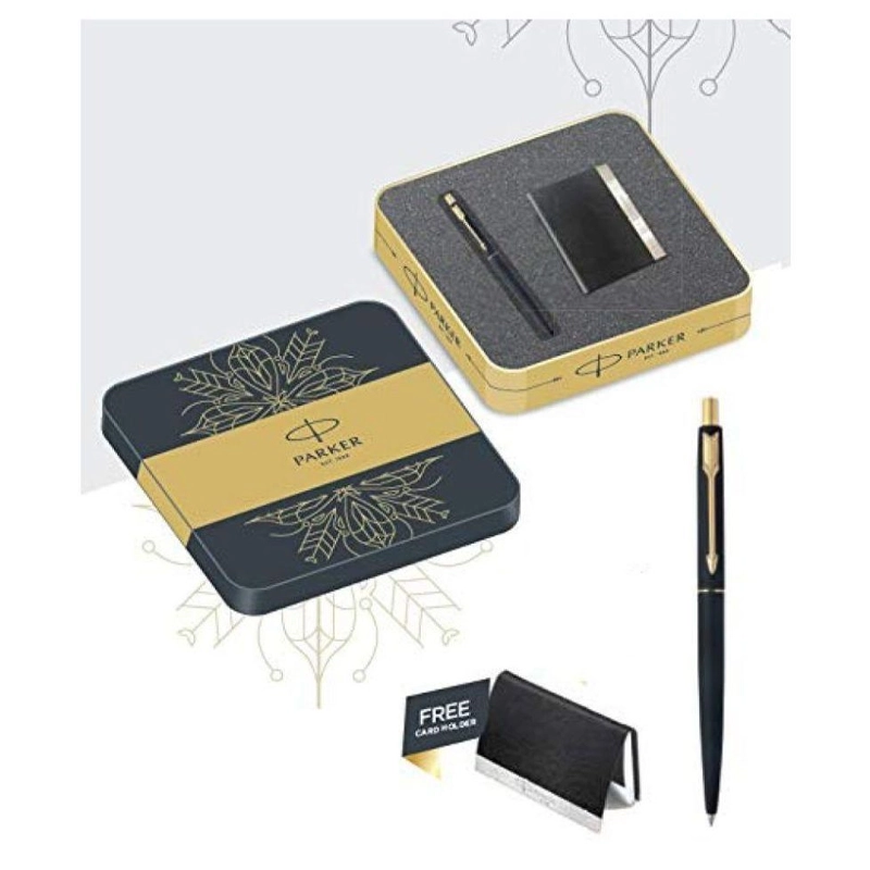 Parker Classic Matte Black Gold Trim Ball Pen + Card Holder 1N
