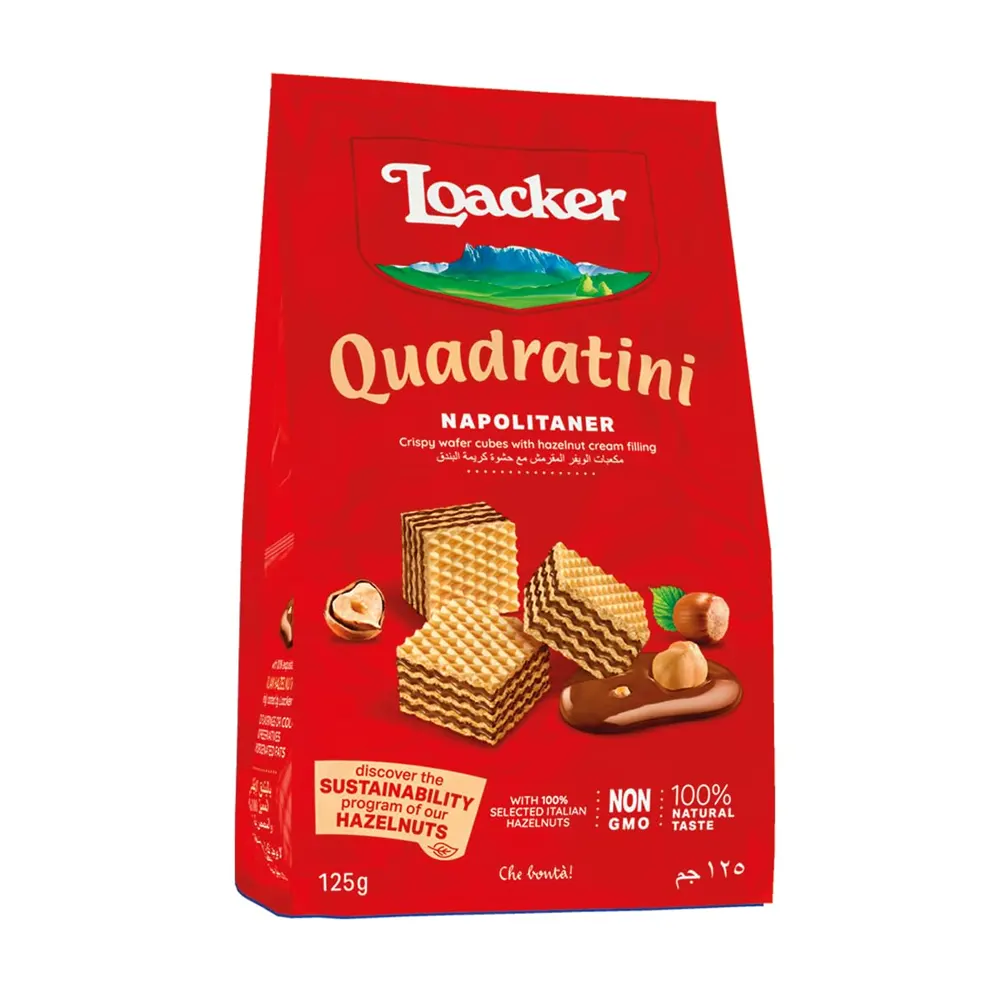 Loacker Quadratini Napolianter Crispy Wafers Cubes With Hazelnut Cream Filling 125G