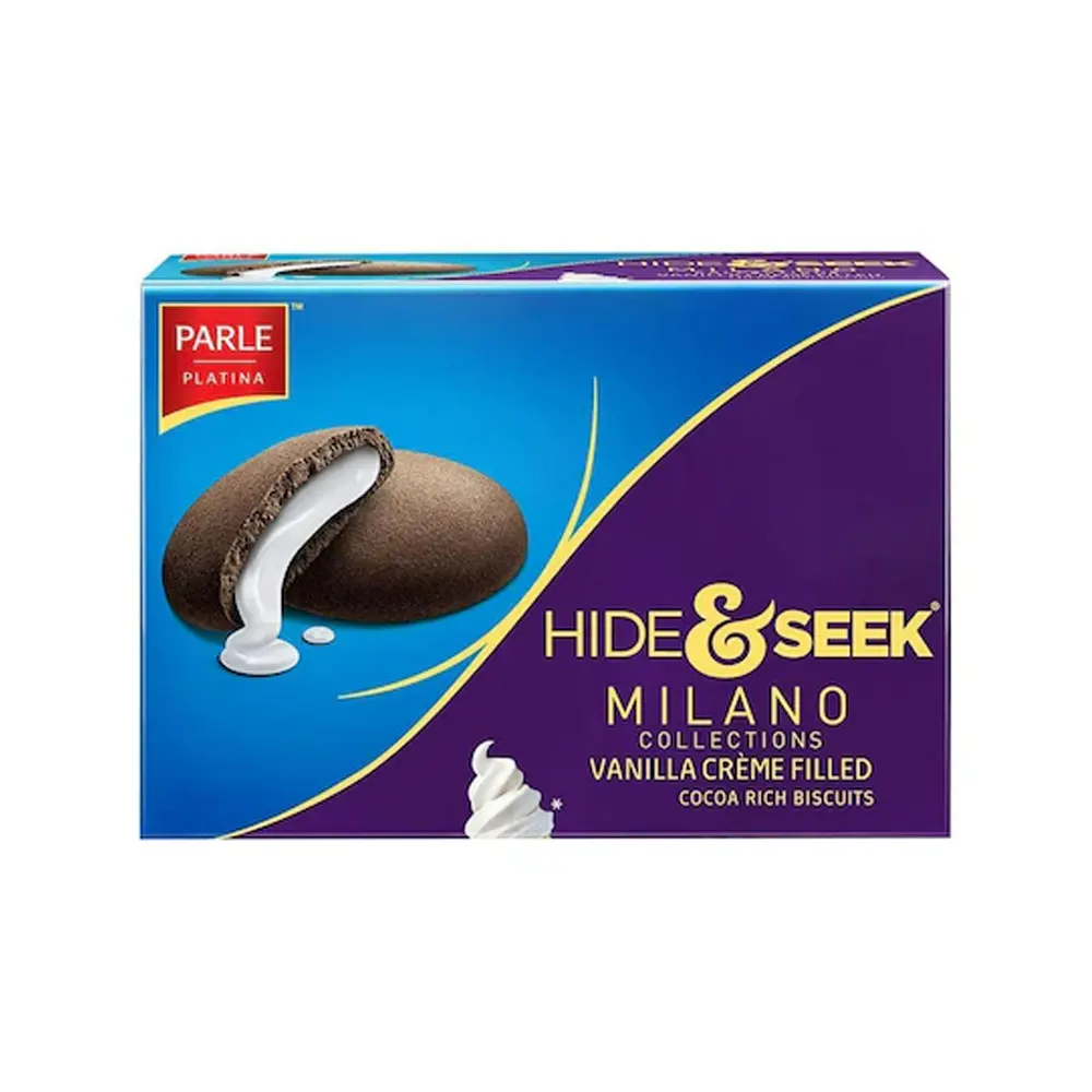 Parle Platina Hide And Seek Milano Collections Vanilla Creme Filled Cocoa Rich Biscuits 25G