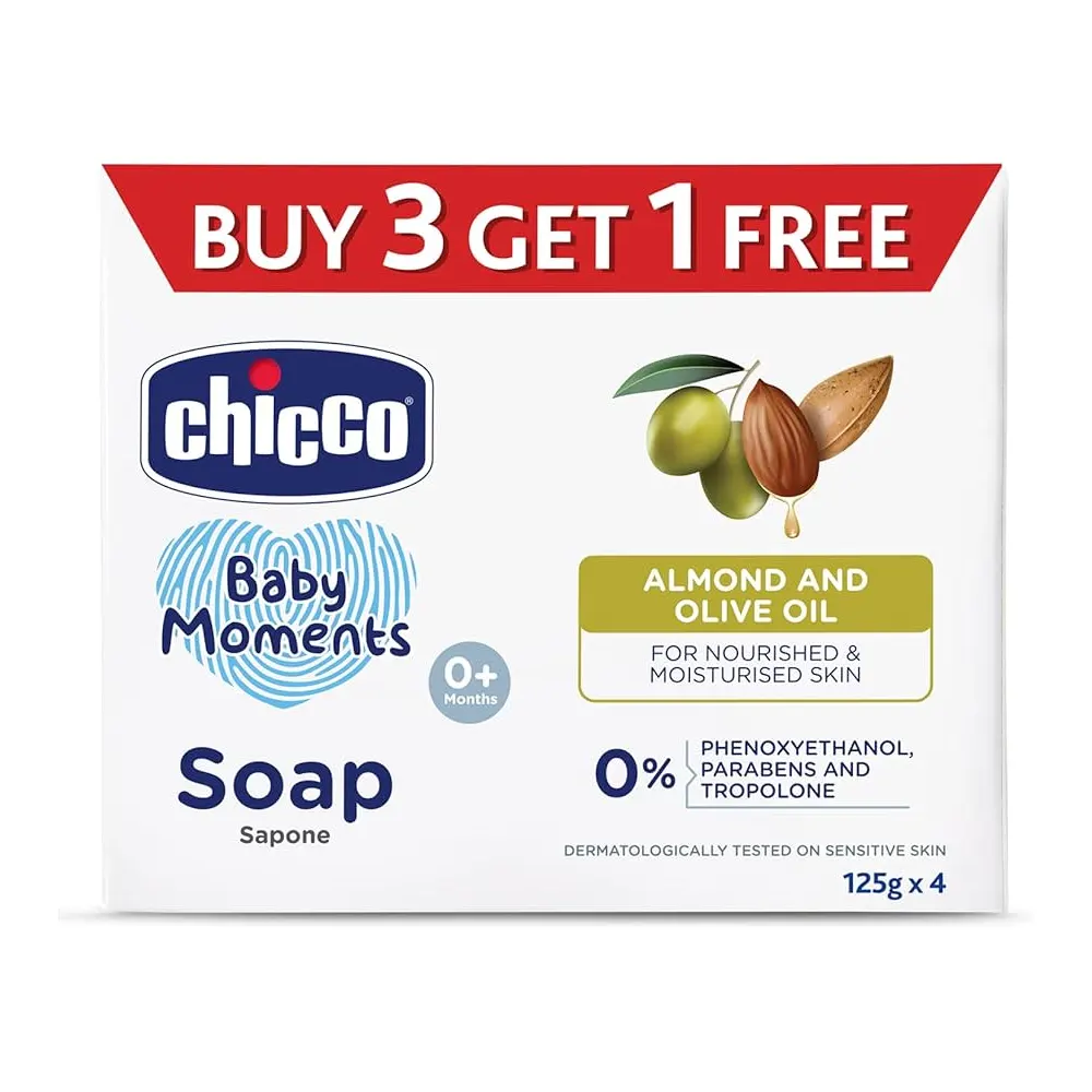 Chicco Baby Moments Almond And Olive Oil Ror Nourished & Moisturised Skin 0% Phenoxyethanol, Parabens And Tropolone Buy 3 Get 1 Free 125G X 4N = 500G