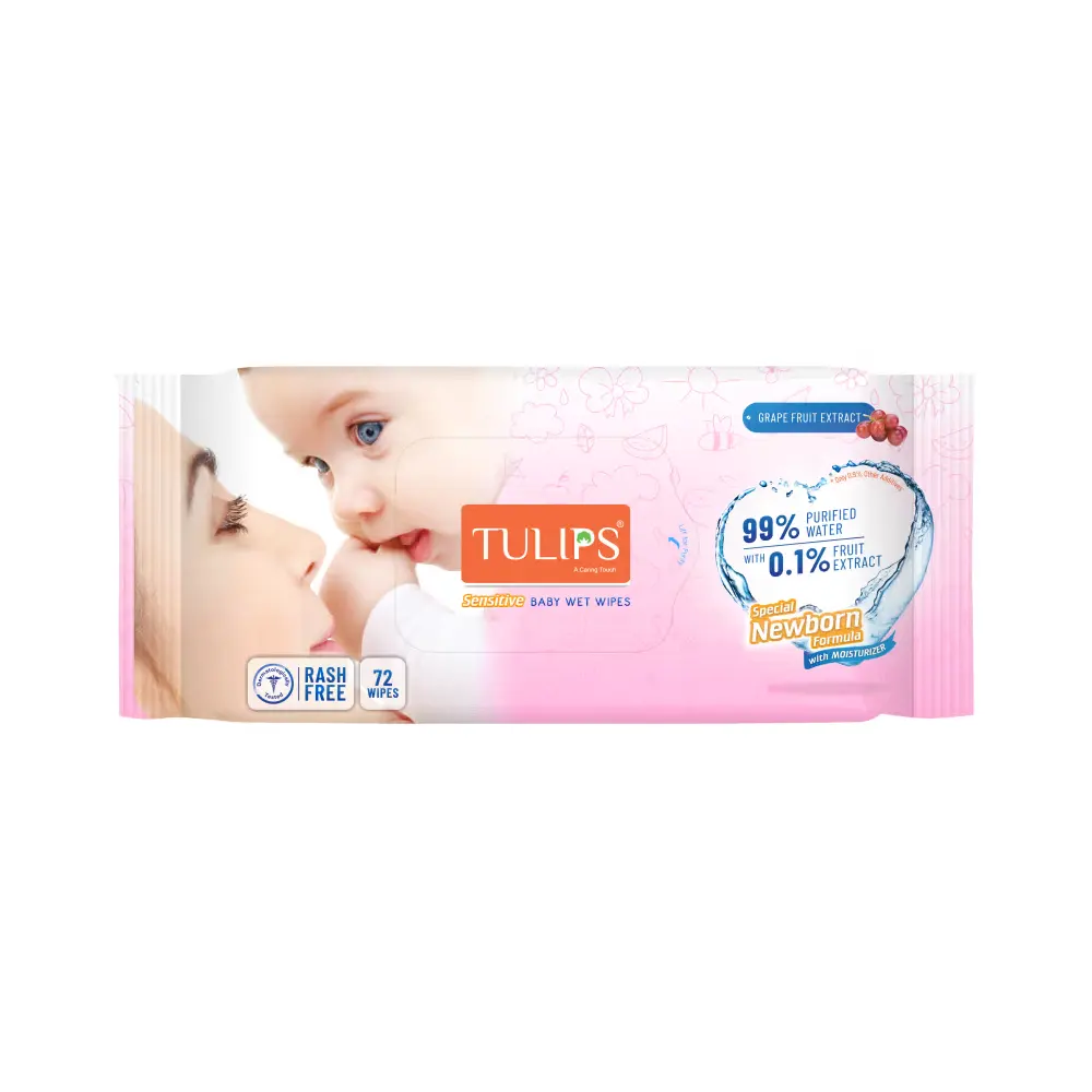 Tulips Sensative Baby Wet Wipes 99% Purified Water With 0.1% Fruit Extract 72N