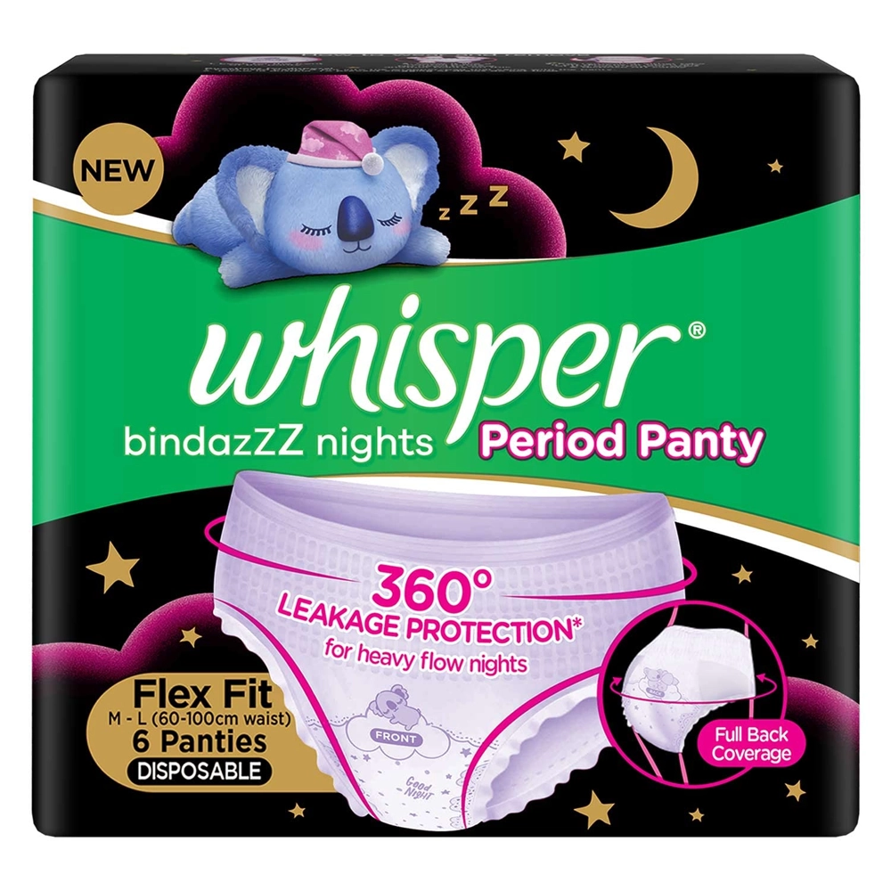 Whisper Bindazz Nights Period Panty Flex Fit M - L (60-100Cm Waist) 6 Panties Disposable Full Back Coverage