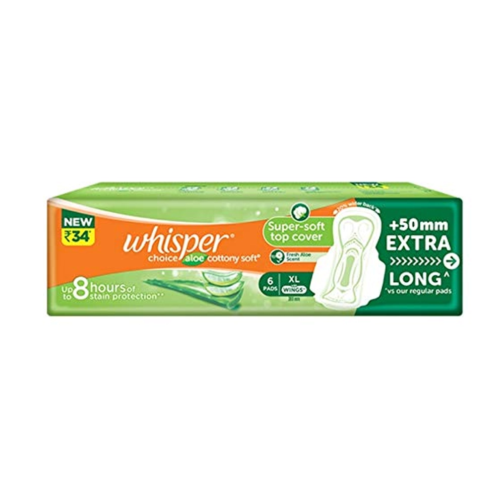Whisper Choice Aloe Cottony Soft Super Soft Top Cover Fresh Aloe Scent Xl With Wings +50Mm Extra Long Vs Regular Pads-- 6Pads