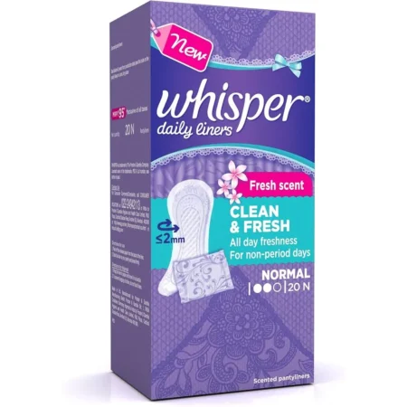 WHISPER DAILY LINERS FRESH SCENT CLEAN AND FRESH ALL DAY FRESHNESS FOR NON PERIOD DAYS NORMAL 20N.