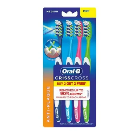 ORAL-B CRISS CROSS MEDIUM DEEP CLEAN ANTI PLAQUE REMOVES UP TO 90% GERMS IN HARD TO REACH AREAS 4N