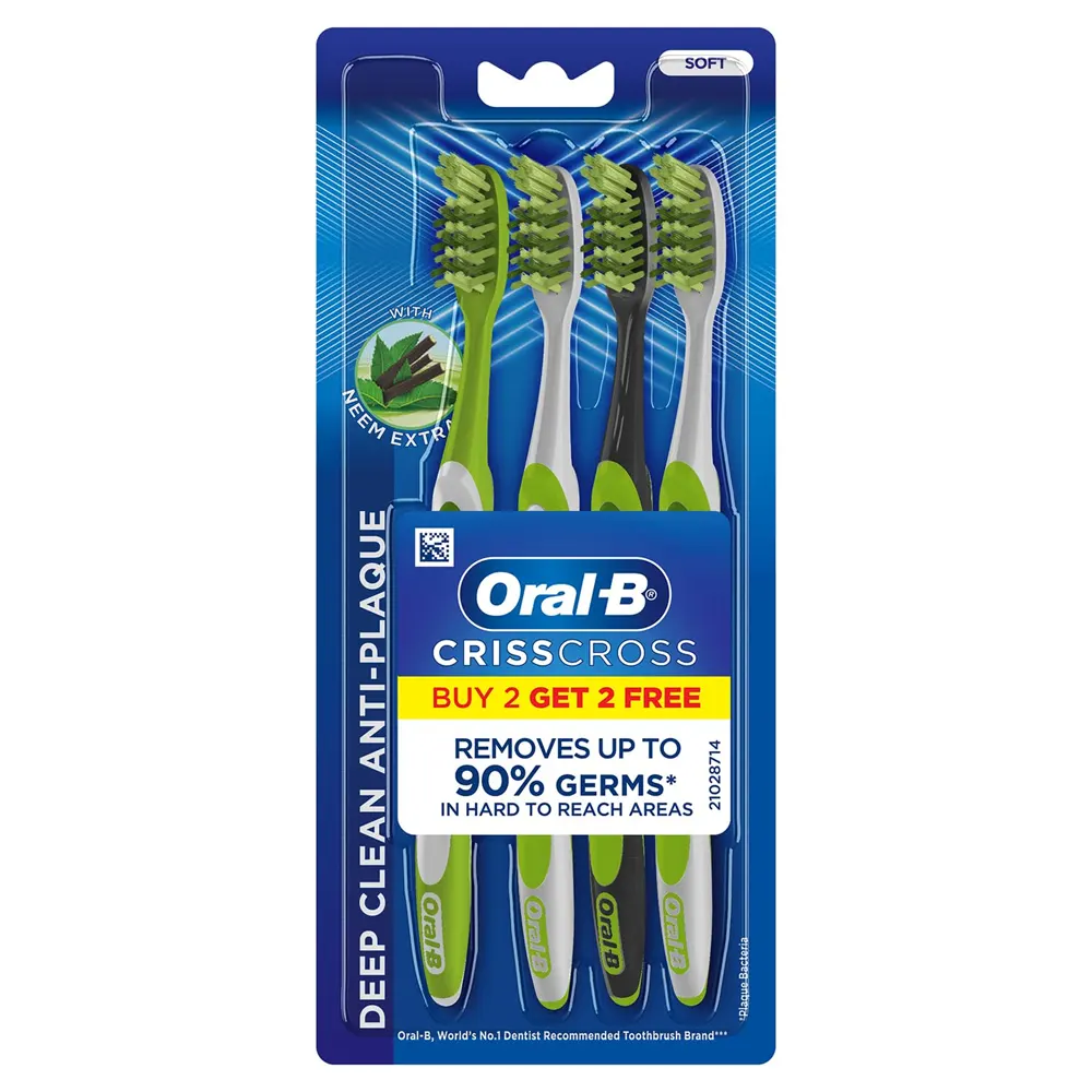 Oral-B Criss Cross Soft Deep Clean Anti-Plaque Neem Extract Removes Up To 90% Germs* In Hard To Reach Areas 4N