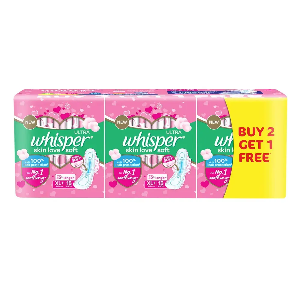 Whisper Ultra Soft Skin Love Derma Soft Layer Xl 284Mm Buy 2 Get 1 Free 45Pads