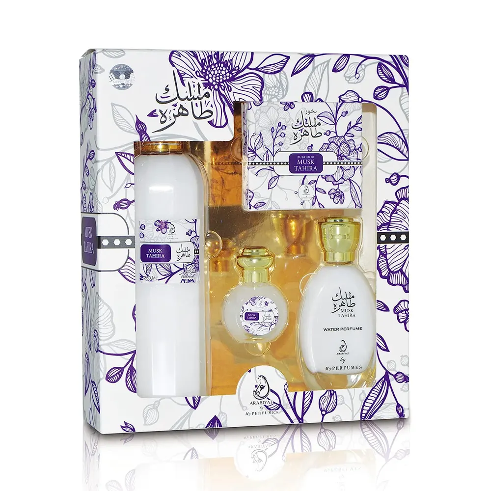 Arabiyat By My Perfumes Musk Tahira Silk Giftset Perfume Oil 15Ml Bakhoor 40G Water Perfume 35Ml Air Freshner 250Ml