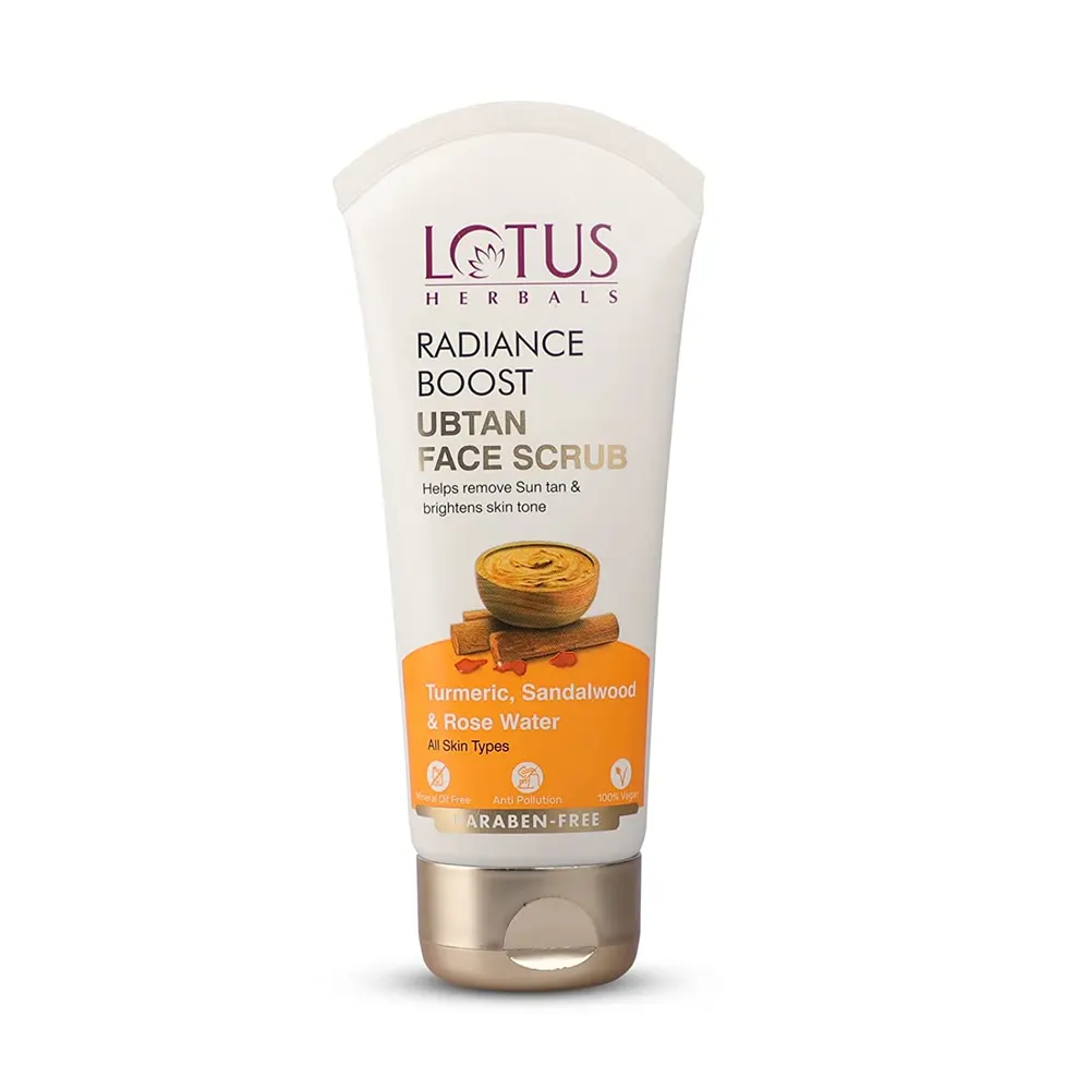 Lotus Radianceboost Ubtan Face Scurb Helps Remove Sun Tan & Brightens Skin Tone Turmic, Sandalwood & Rose Water All Skin Types Paraben- Free 100Gm