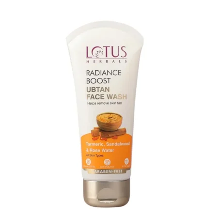 LOTUS RADIANCE BOOST UBTAN FACE WASH HELPS REMOVE SKIN TAN HELPS REMOVE SKIN TAN TURMERIC SANDALWOOD AND ROSE WATER ALL SKIN TYPES PARABEN FREE 100GM