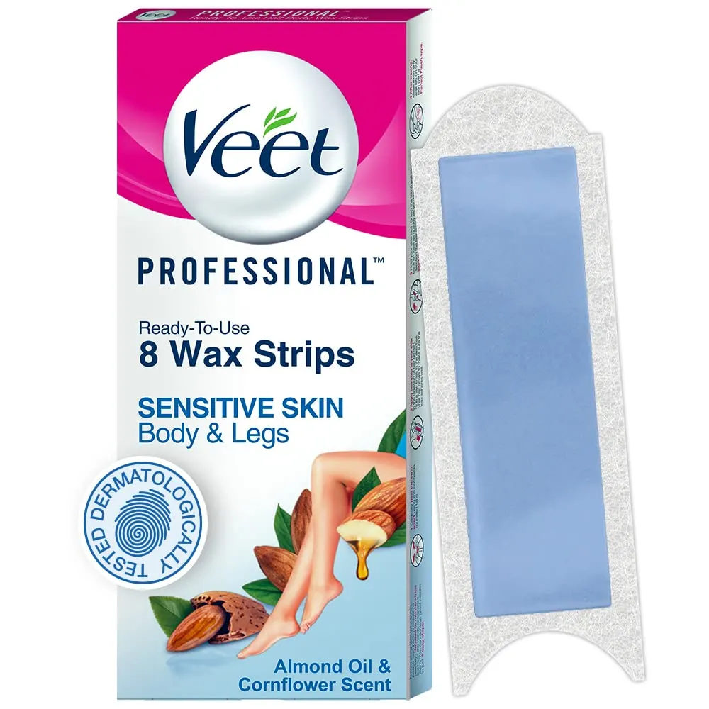 Veet Professional Ready To Use Half Body Wax Strips Sensitive Skin Body &Amp; Legs 8 Pre Coated Wax Strips And 2 Perfect Finish Wipes