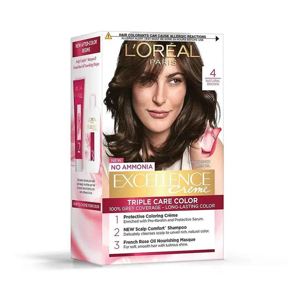L'Oreal Paris 4 Natural Dark Brown Excellence Creme Triple Care Colour 72Ml + 100G