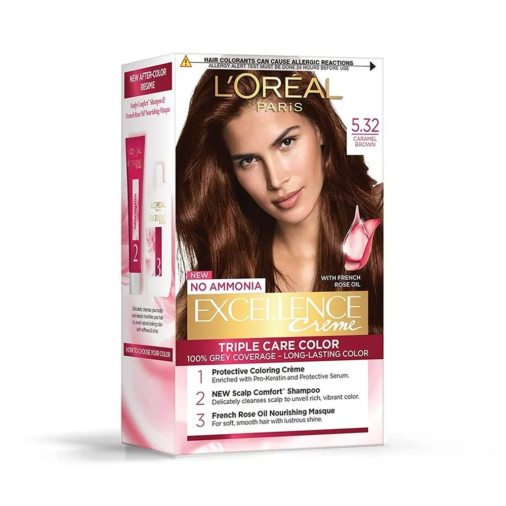 L'Oreal Paris 5.32 Caramel Brown Excellence Creme Triple Care Color With French Rose Oil 100G + 72Ml