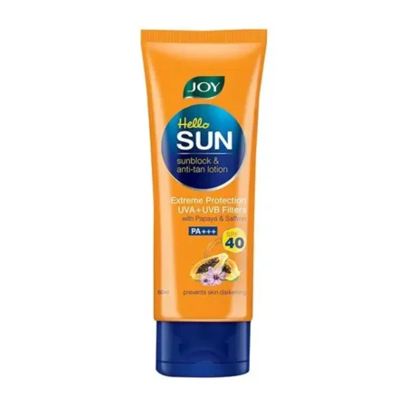 Joy Hello Sun Sunblock & Anti Tan Lotion Extreme Protection Uva+Uvb Filters With Papaya & Saffron 40 Spf Pa+++ 60Ml