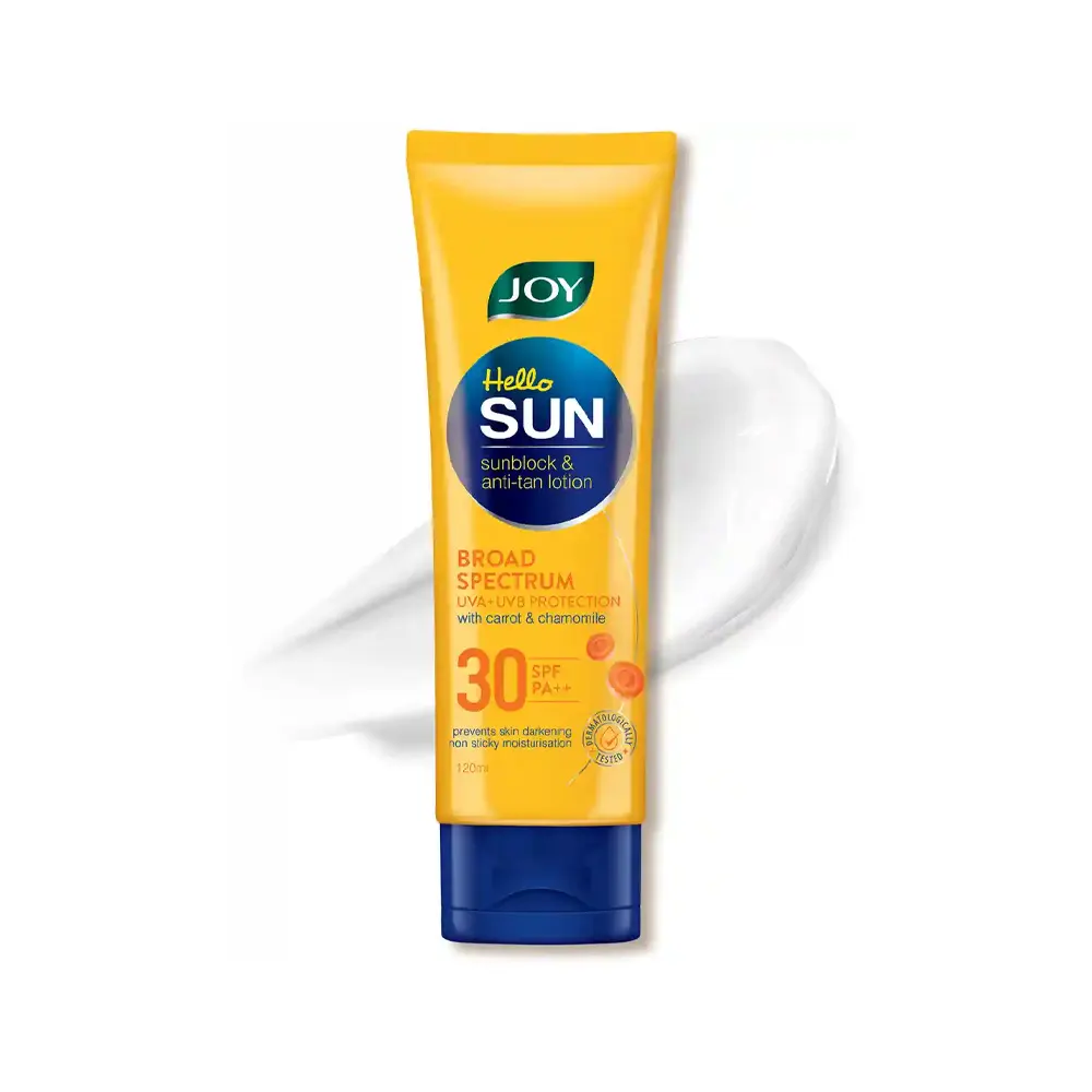 Joy Hello Sun Sunblock & Anti-Tan Lotion Broad Spectrum Uva+Uvb Protection With Carrot & Chamomile 30Spf Pa++ 30Ml
