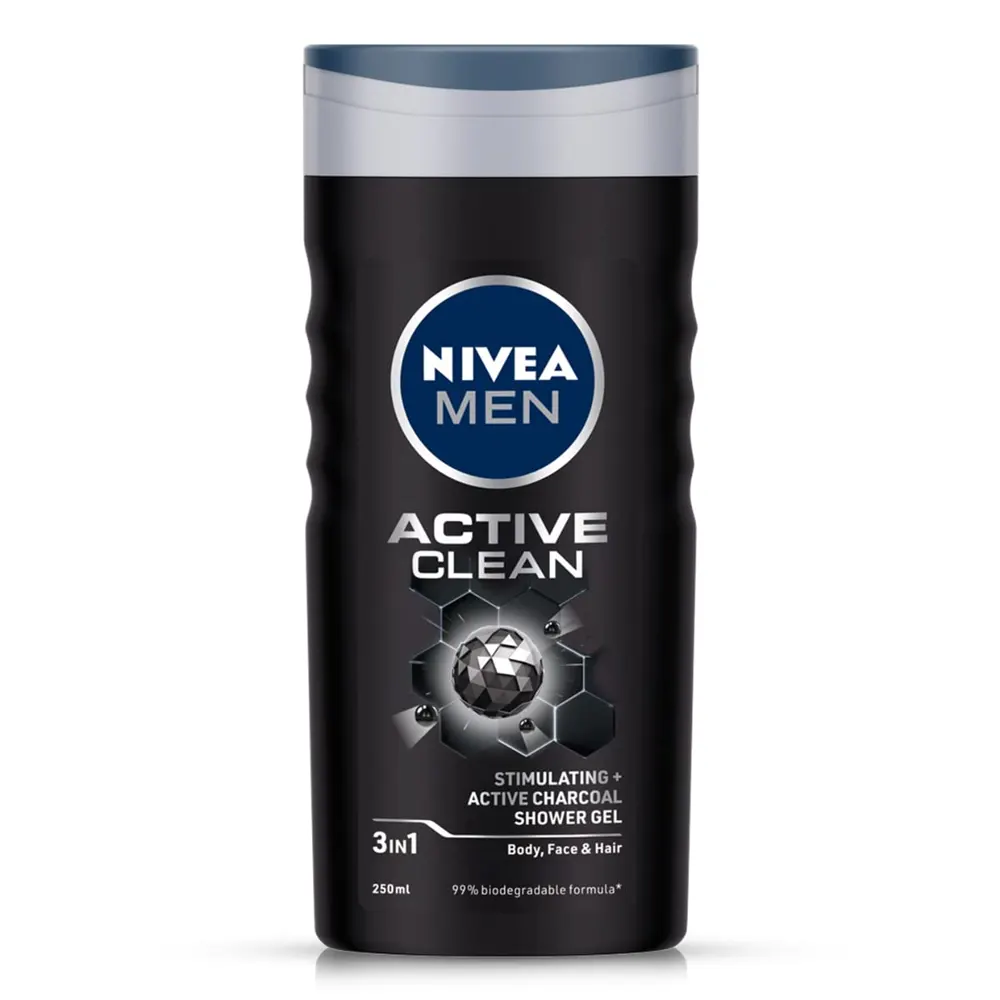 Nivea Men Active Clean Stimulating + Active Charcoal Shower Gel 3 In 1 Body, Face & Hair 250Ml + 1 Loofah Free