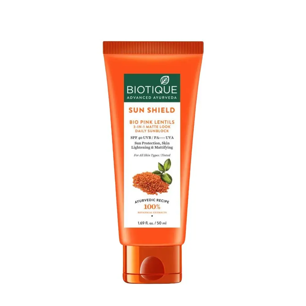 Biotique Advanced Ayurveda Sun Shield Bio Pink Lentils 3 In 1 Matte Look Daily Sunblock 50Ml