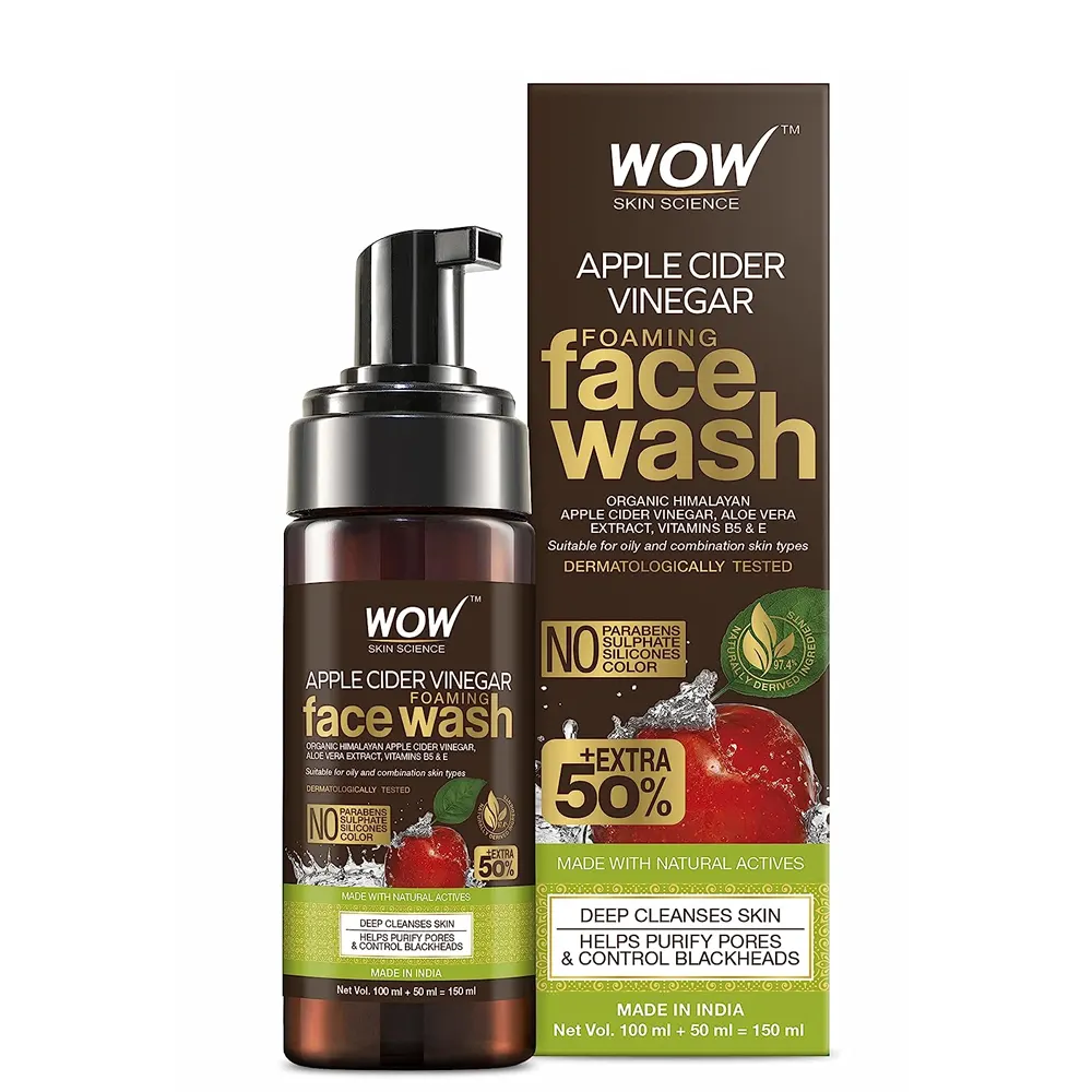 Wow Skin Scince Apple Cider Vinegar Foaming Face Wash Organic Himalayan Apple Cider Vinegar, Aloe Vera Extact, Vitamins B5 & E 100Ml+ 50Ml Extra
