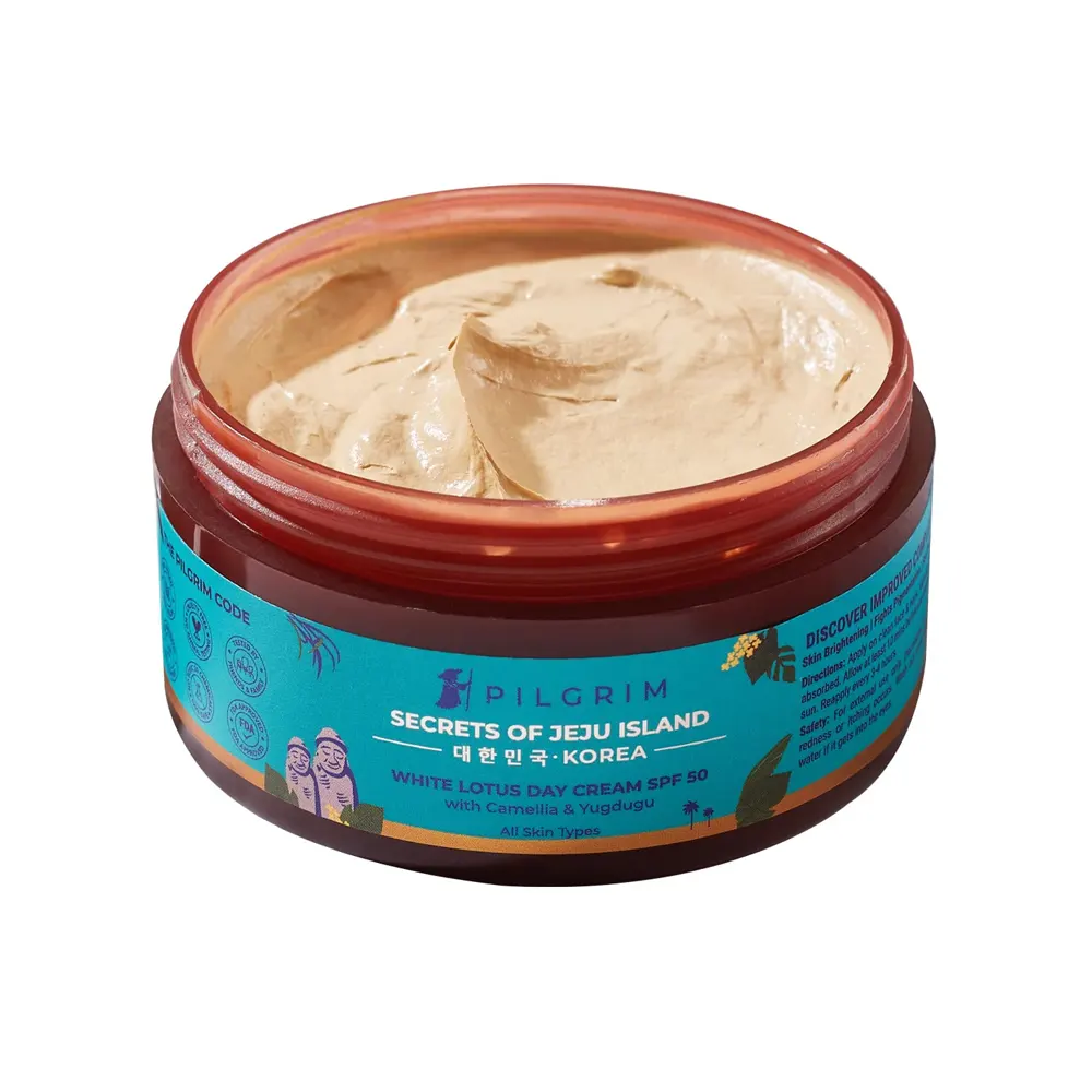 Pilgrim Secrets Of Jeju Island Korea White Lotus Day Cream Spf50 With Camellia & Yugdugu All Skin Types 100G