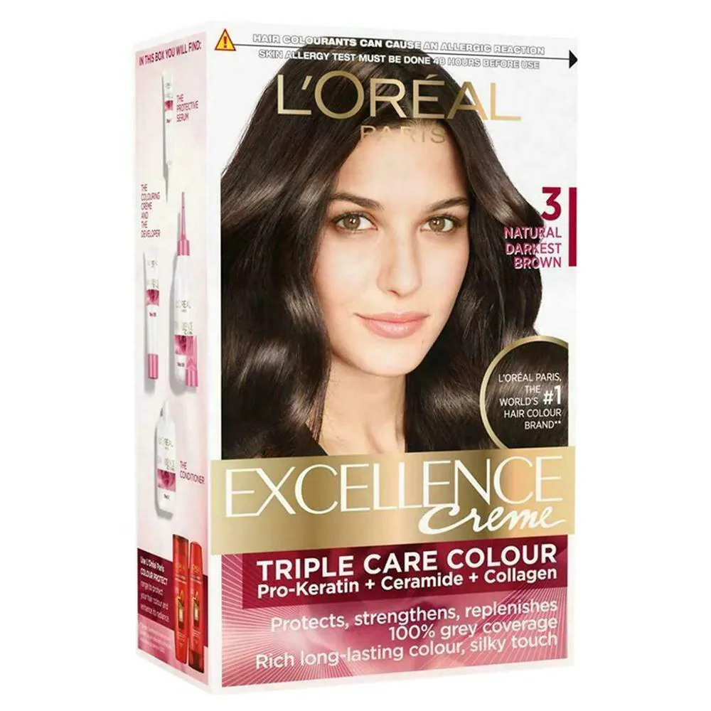 L'Oreal Paris 3 Natural Darkest Brown Excellence Creme Triple Care Colour 72Ml + 100G.