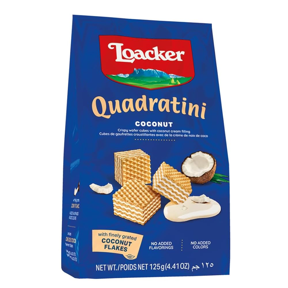 Loacker Quadratini Coconut Crispy Wafers Cubes With Cheese Cream Filling 125G