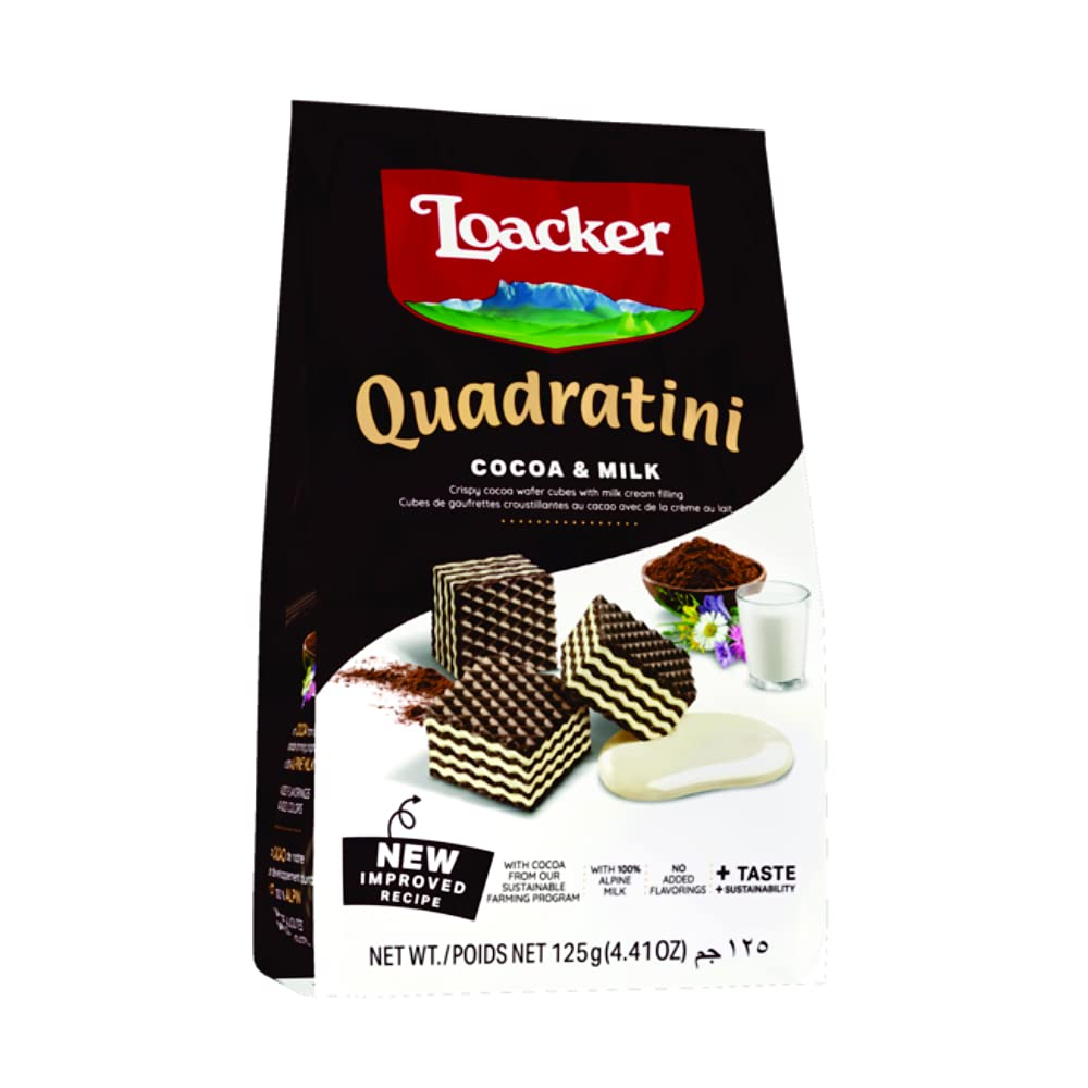 Loacker Quadratini Cocoa &Amp; Milk Crispy Wafers Cubes With Cheese Cream Filling 125G