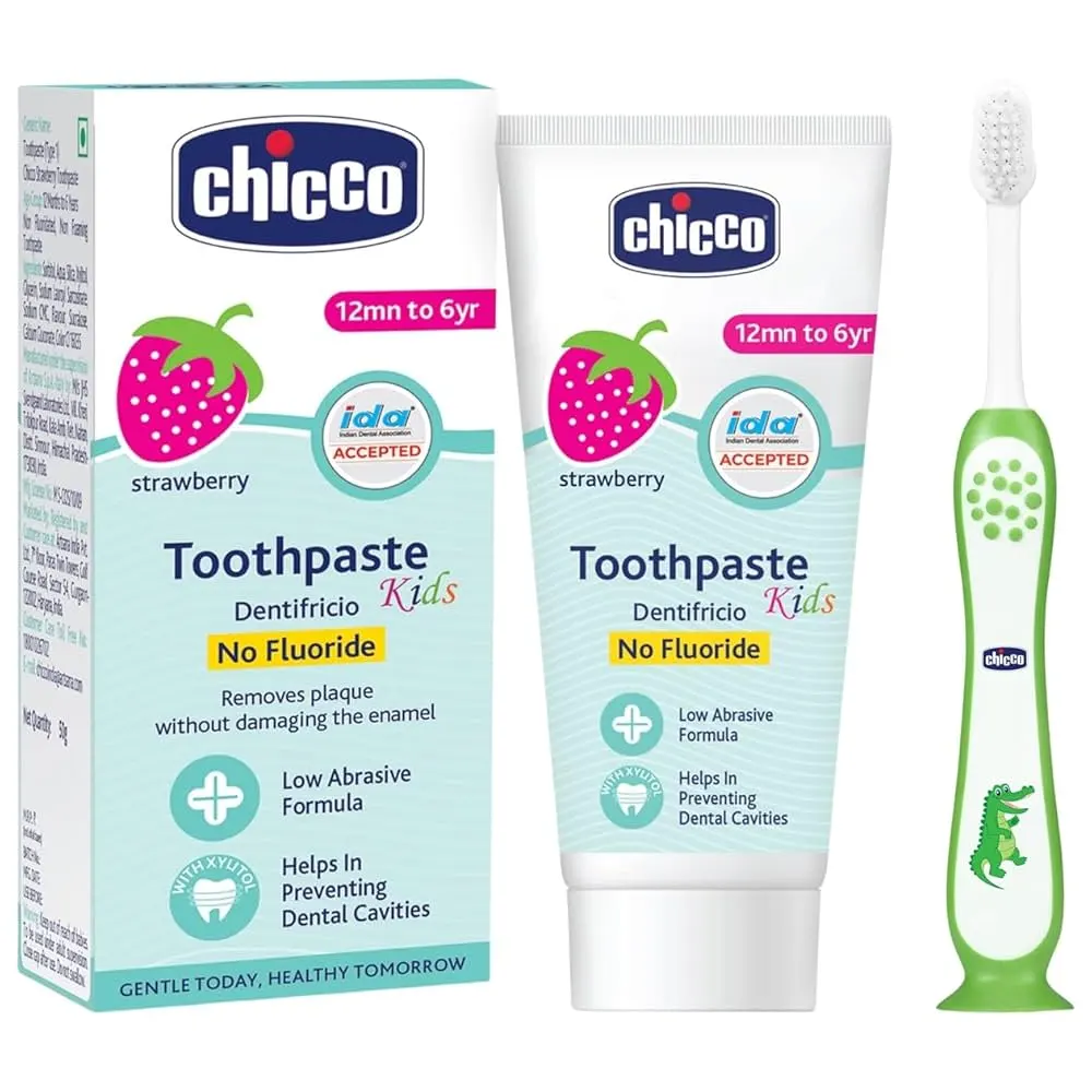 Chicco Kids Toothbrush Spazzolino 3 - 8 Years 1N With Free Sample Chicco Strawberry Toothpaste 15G.