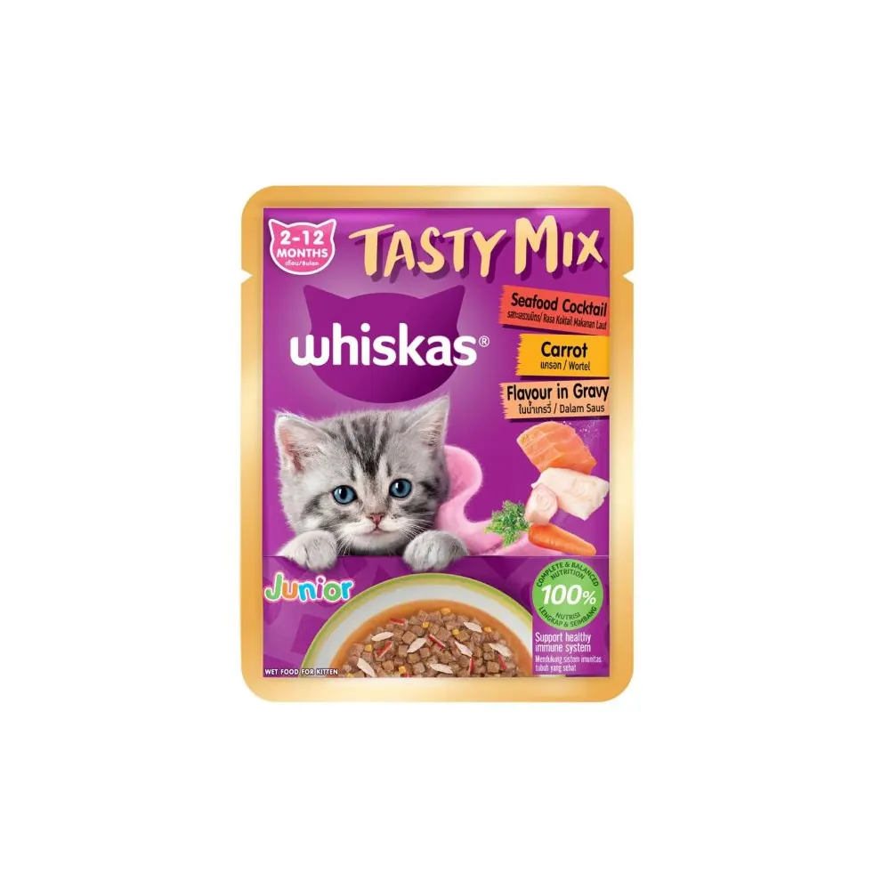 Whiskas Junior 2-12 Months Tasty Mix Seafood Cocktail, Carrot Flavour In Gravy 70G