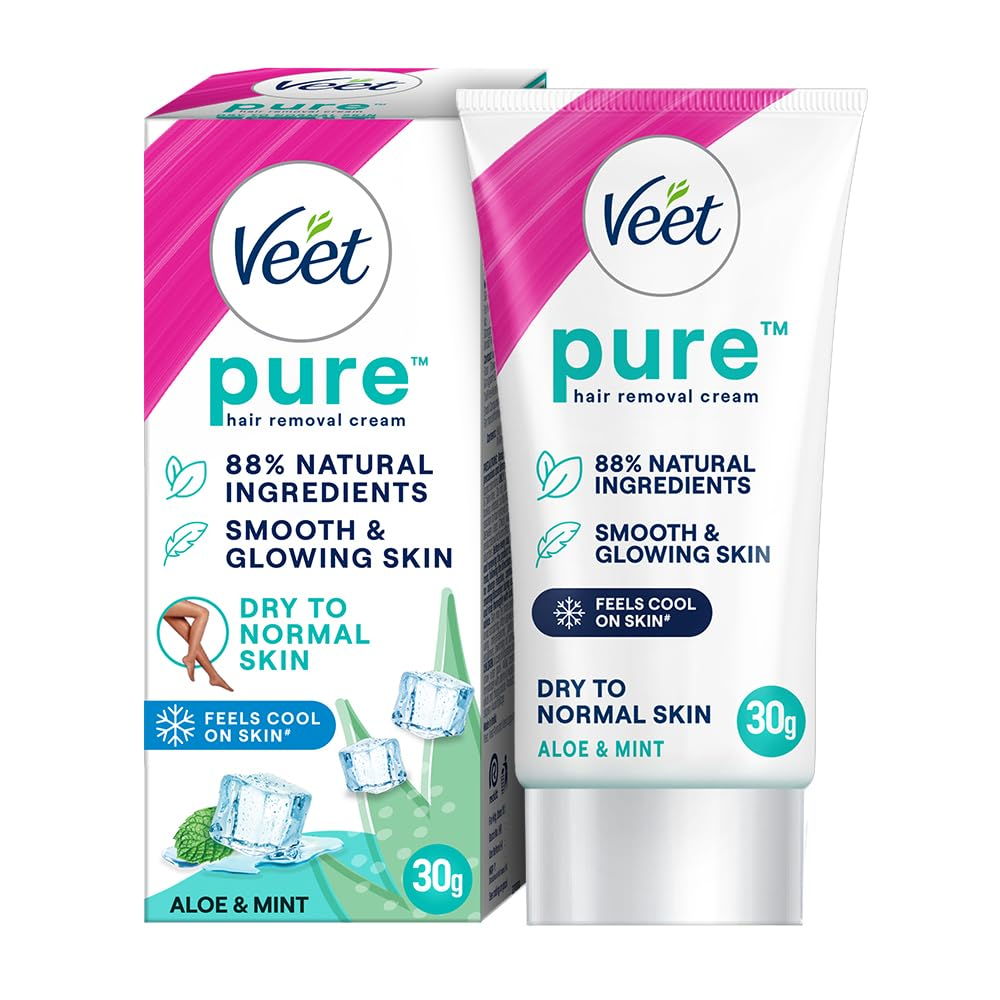 Veet Hair Removal Cream Organic Aloe Vera & Mint Extracts 88% Natural Origin Ingredents Smooth & Glowing Skin Dry To Normal Skin Body & Legs 30G