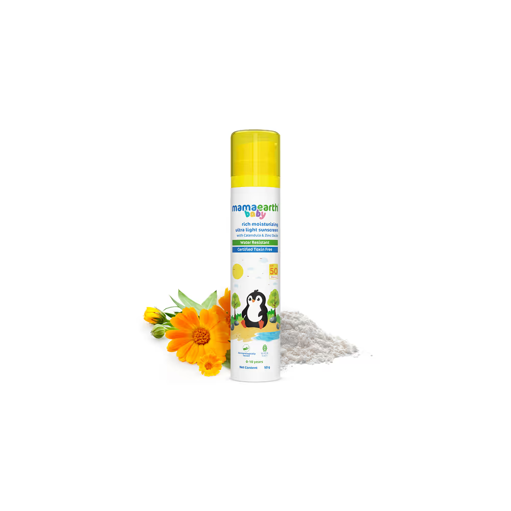 Mamaearth Baby Rich Moisturizing Ultra Light Sunscreen With Calendula & Zinc Oxide Water Resistant Spf 50  Pa++++ Certifid Toxin Free 0-10 Years 50G