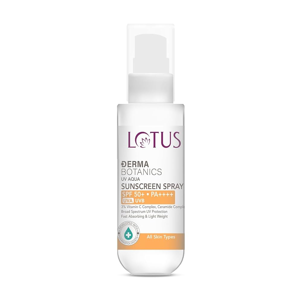 Lotus Derma Botanics Uv Sunscreen Spray Spf 50+ Pa ++++ Uva Uvb 3% Vitamin C Complex Ceramide Complex Broad Spectrum Uv Protection Fast Absorbing & Light Weight All Skin Types 50Ml