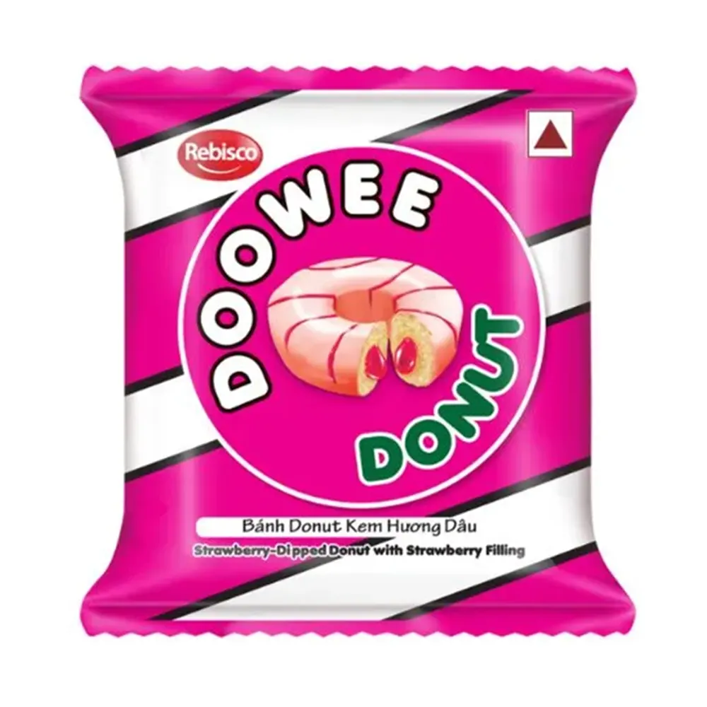 REBISCO DOOWEE DONUT STRAWBERRY DIPPED DONUT CAKE WITH STRAWBERRY FLAVOURED FILLINGN 28G